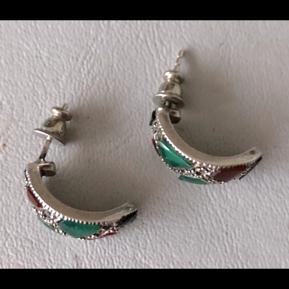 Stone & Marcasite Silver Earrings - Picture 2 of 6